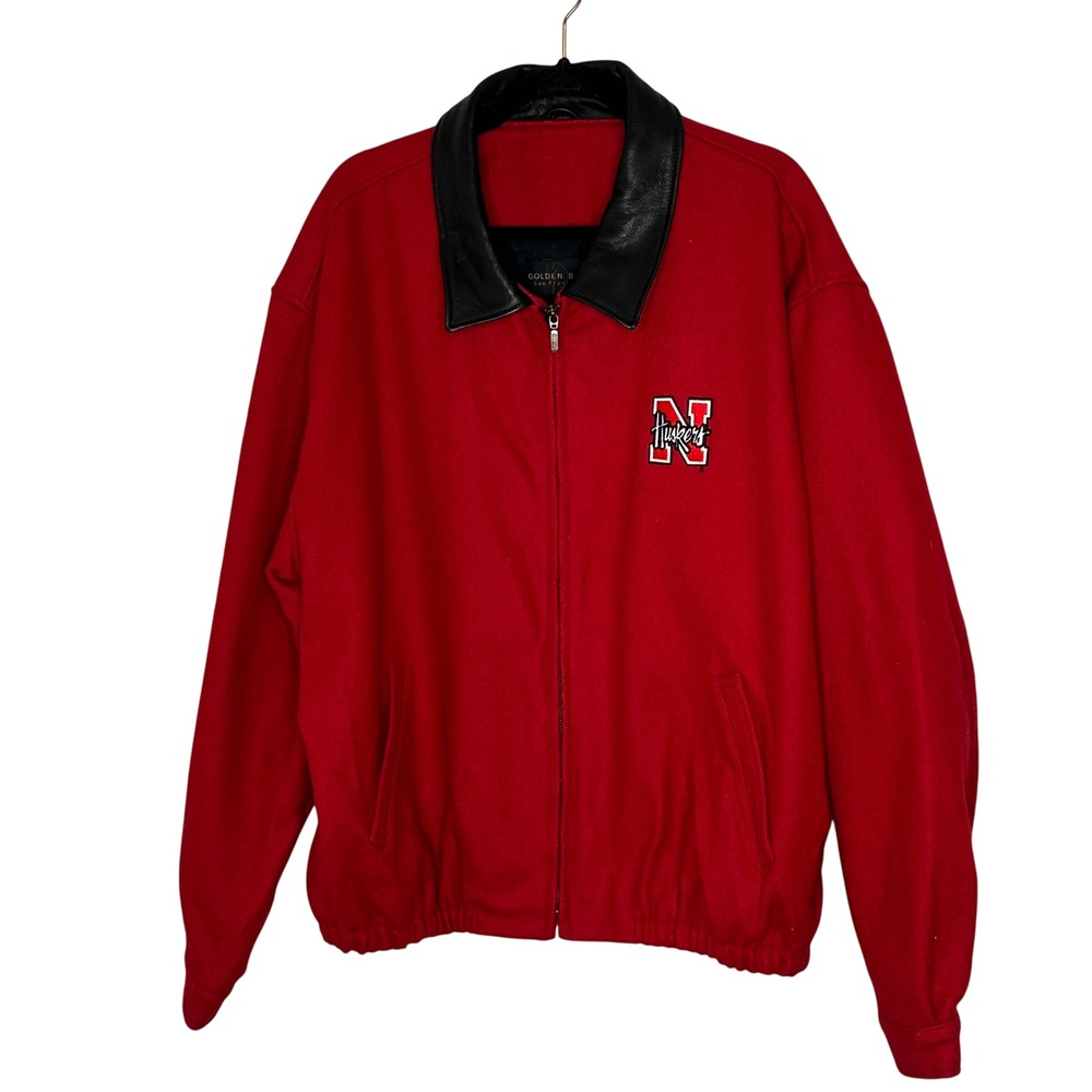 Golden Bear Nebraska Huskers Red Wool Leather Collar Jacket XXL USA Vintage‎